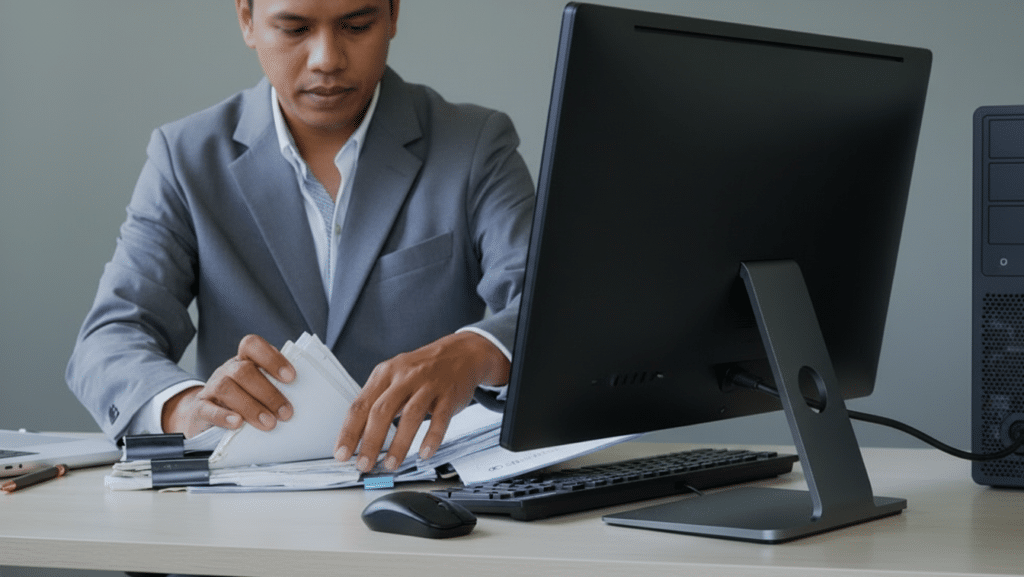 A businessman in a grey suit at a desk, sorting through a thick stack of paperwork beside a monitor and keyboard.